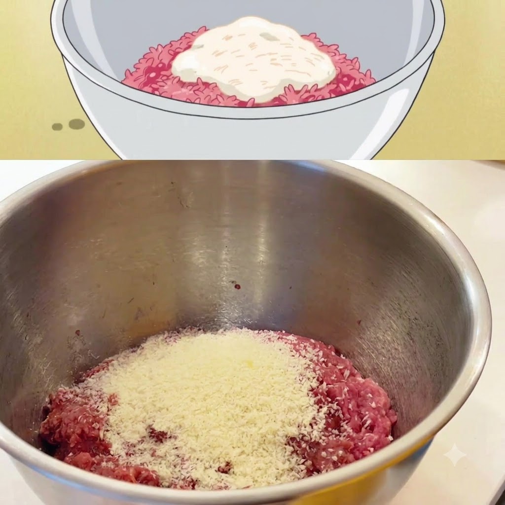 Un uovo crudo sgusciato sopra un mix di carne macinata e pangrattato allinterno di una ciotola di metallo.