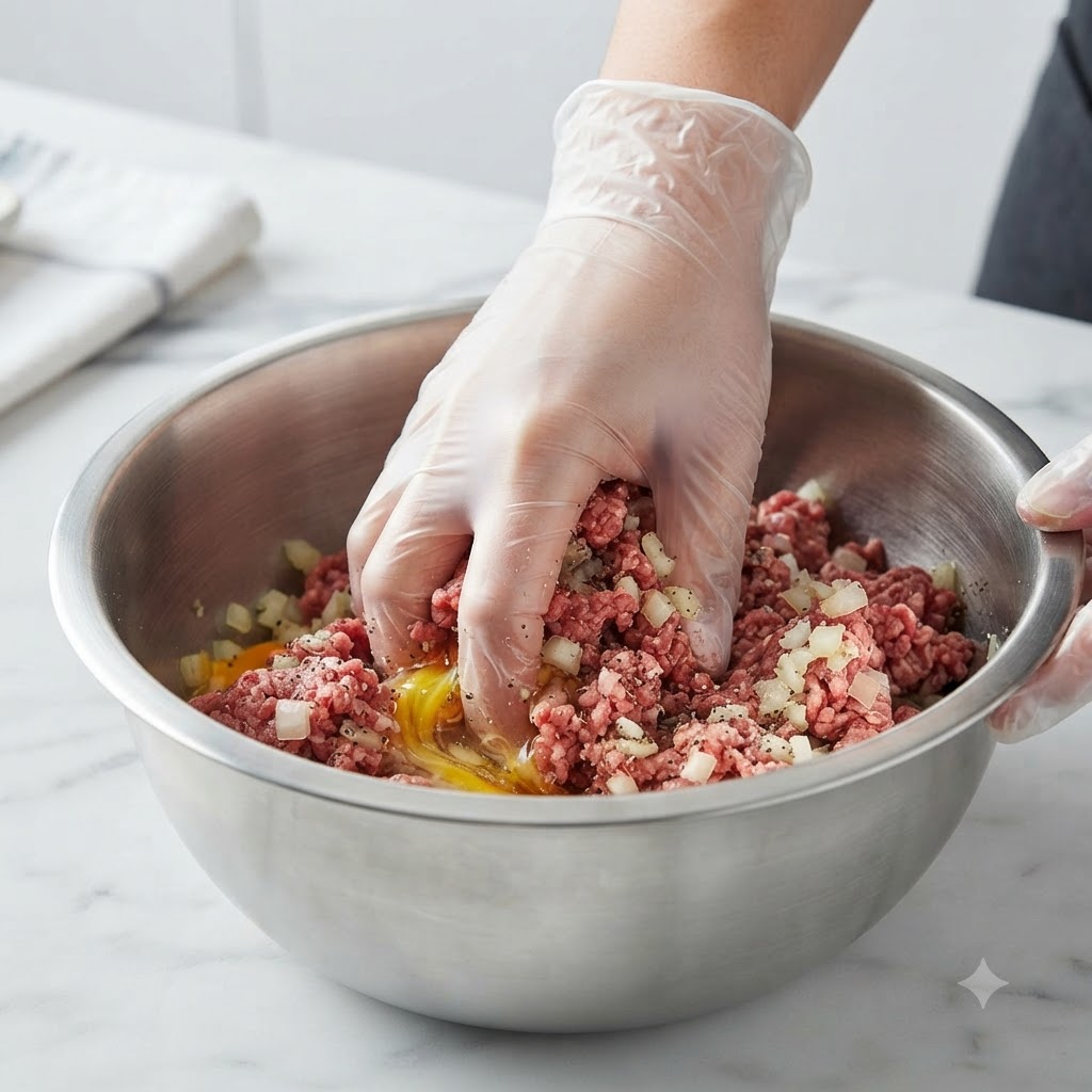 Una mano con un guanto di plastica trasparente che mescola accuratamente la carne, le cipolle e i condimenti in una grande ciotola di acciaio.