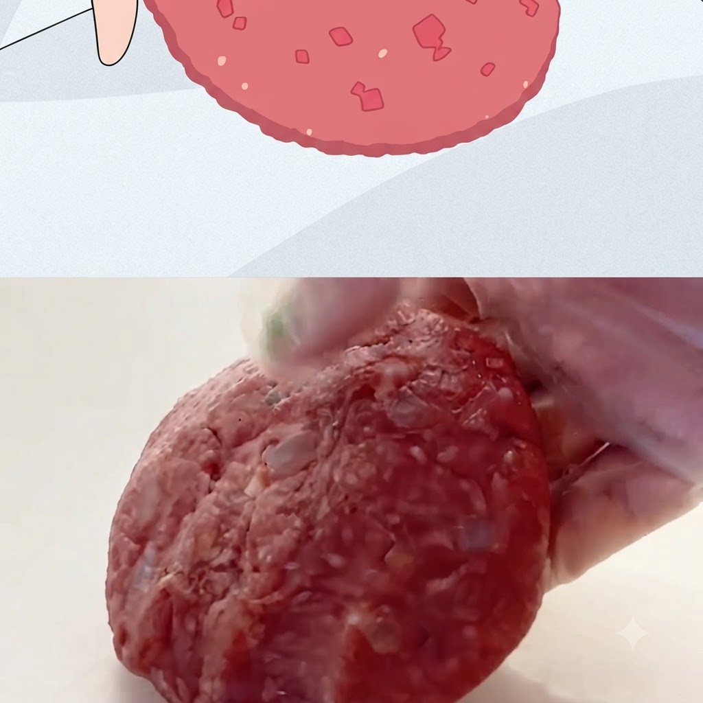 Una mano con un guanto che tiene in alto unampia, spessa polpetta di carne cruda modellata per la cottura.
