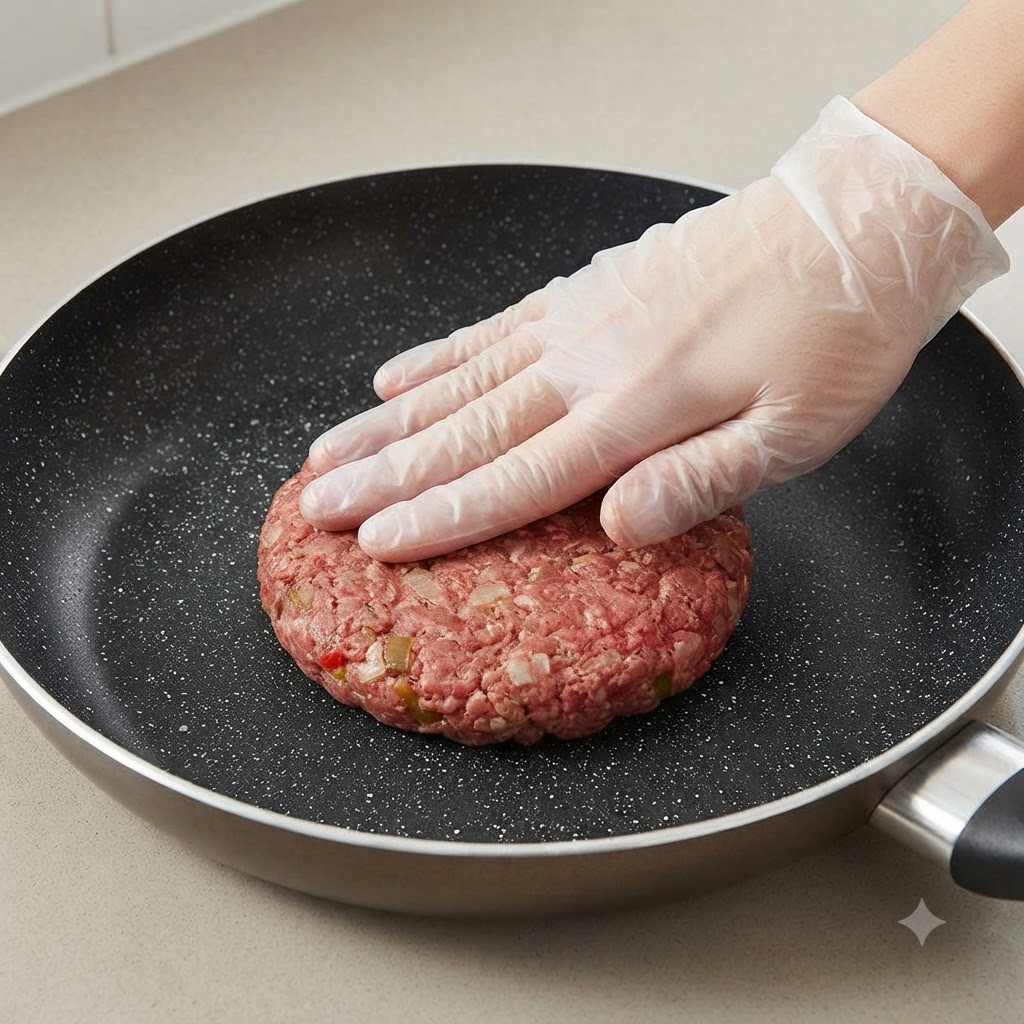 Una mano con guanto che inserisce una spessa polpetta di carne cruda in una padella antiaderente scura.