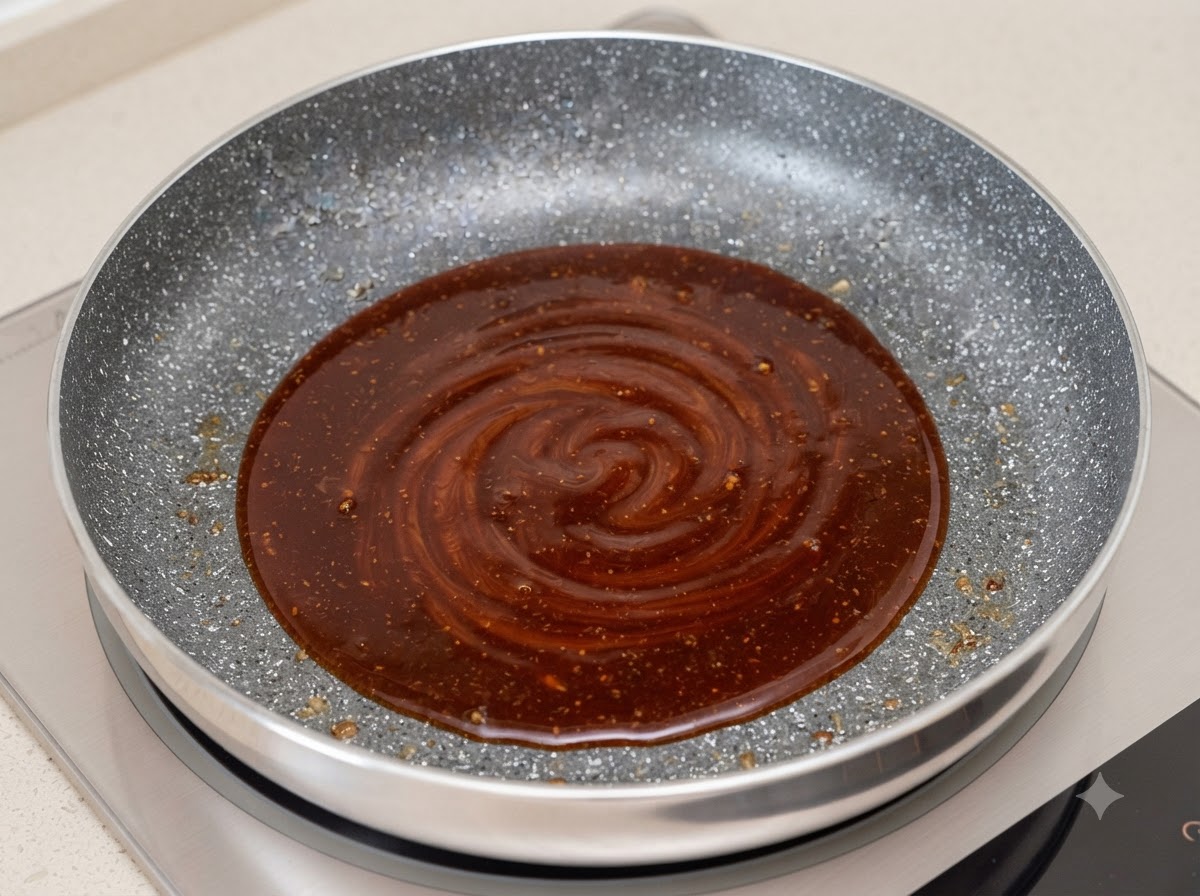 Una salsa scura a base di tonkatsu, ketchup e acqua che bolle in una padella.