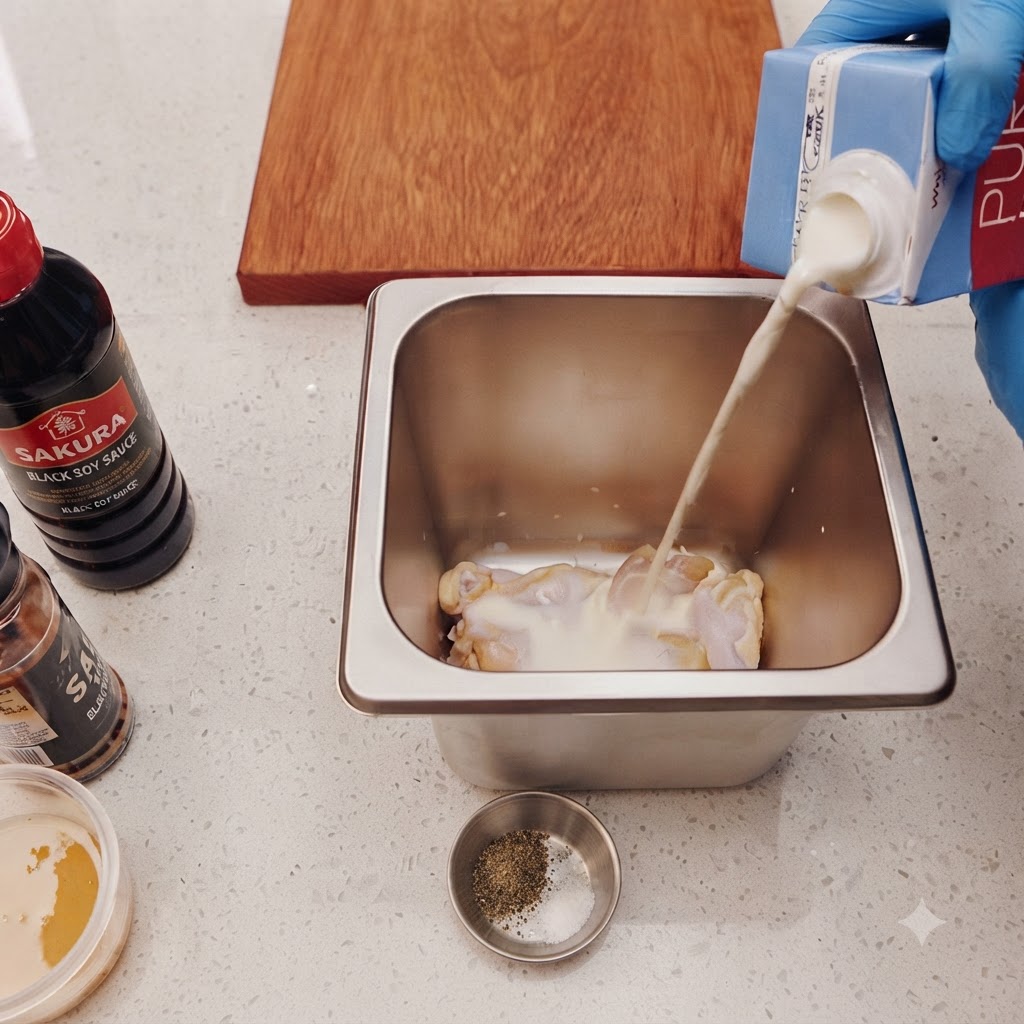 Latte, pepe nero e sale versati sopra le cosce di pollo allinterno di un contenitore in acciaio inossidabile.