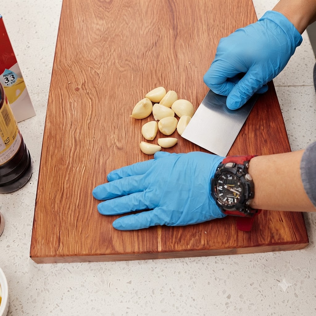 Mani con guanti che usano un tarocco per tritare spicchi daglio sbucciati su un tagliere di legno.