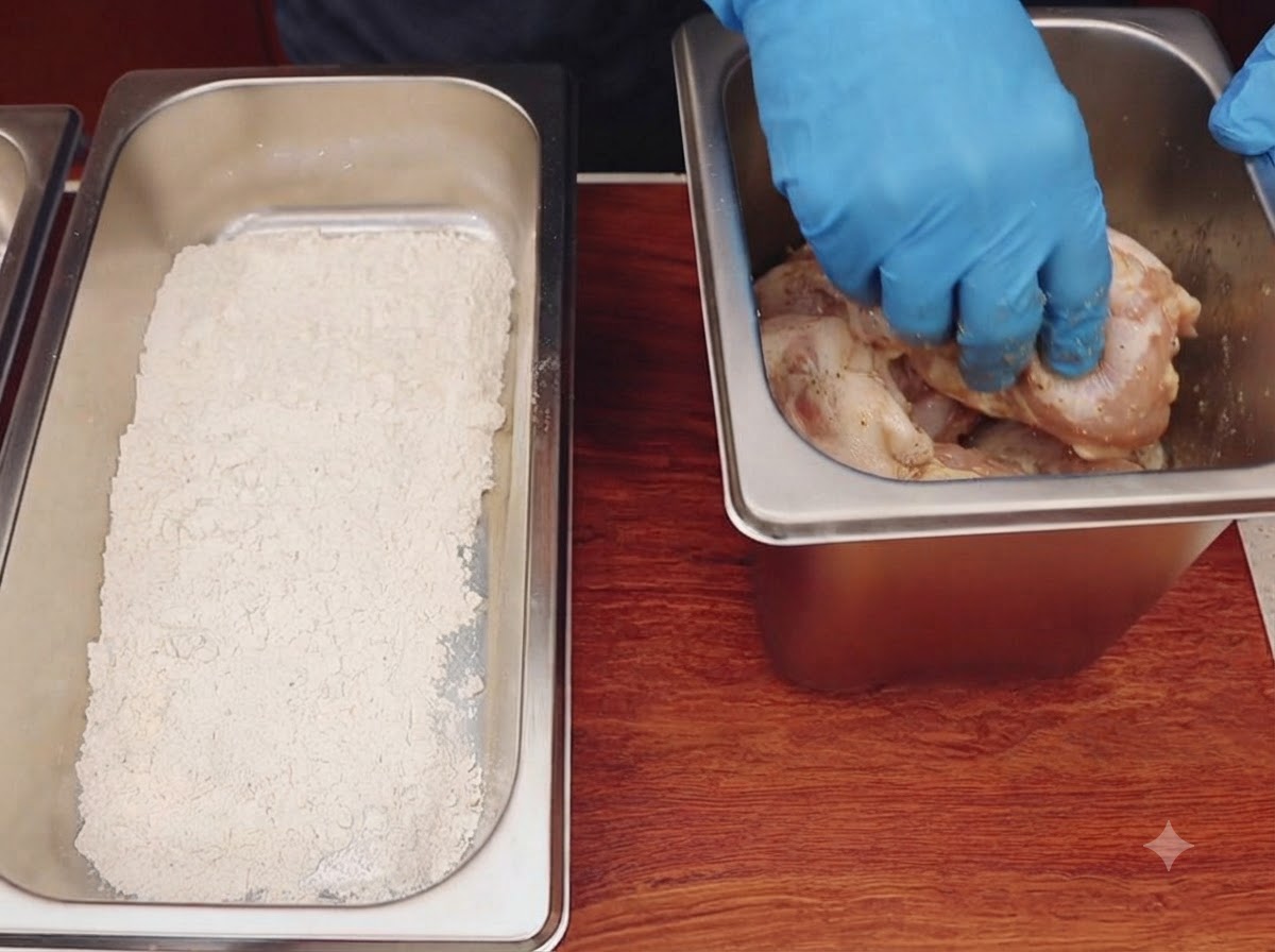 Una mano con guanto che impana pezzi di pollo marinato in un vassoio pieno di farina asciutta.