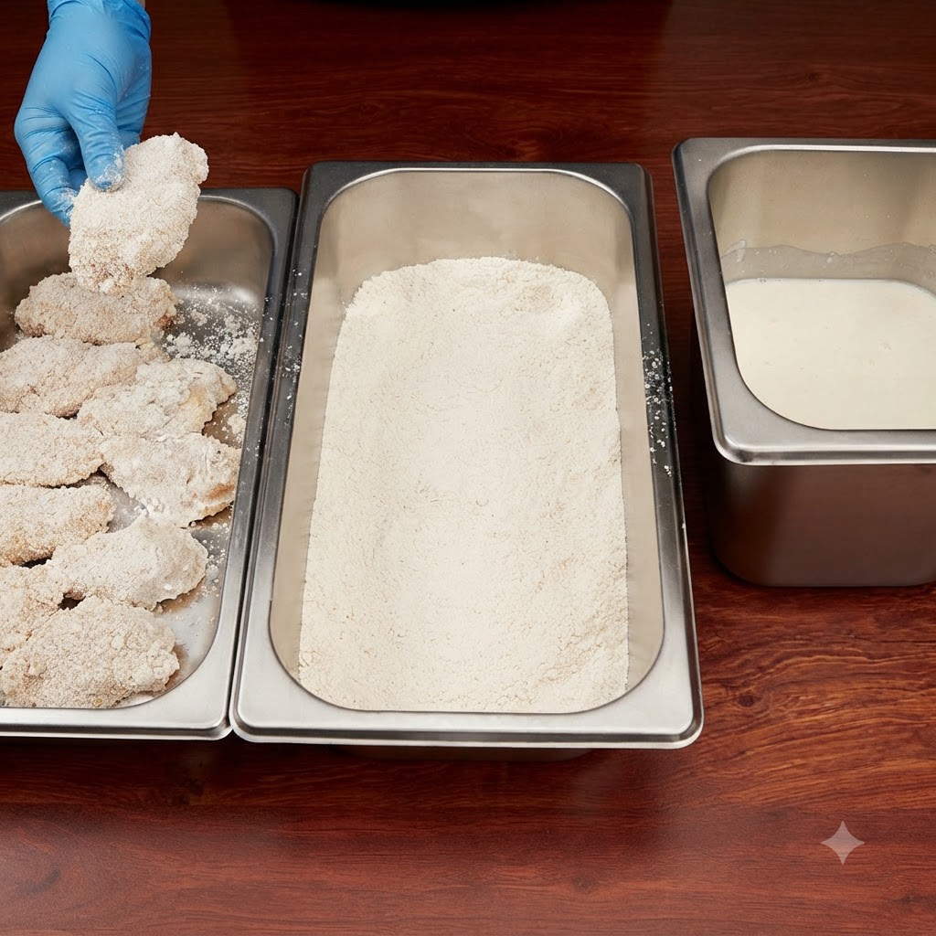 Pezzi di pollo con doppia impanatura organizzati vicino a un vassoio di farina e un contenitore di latte.