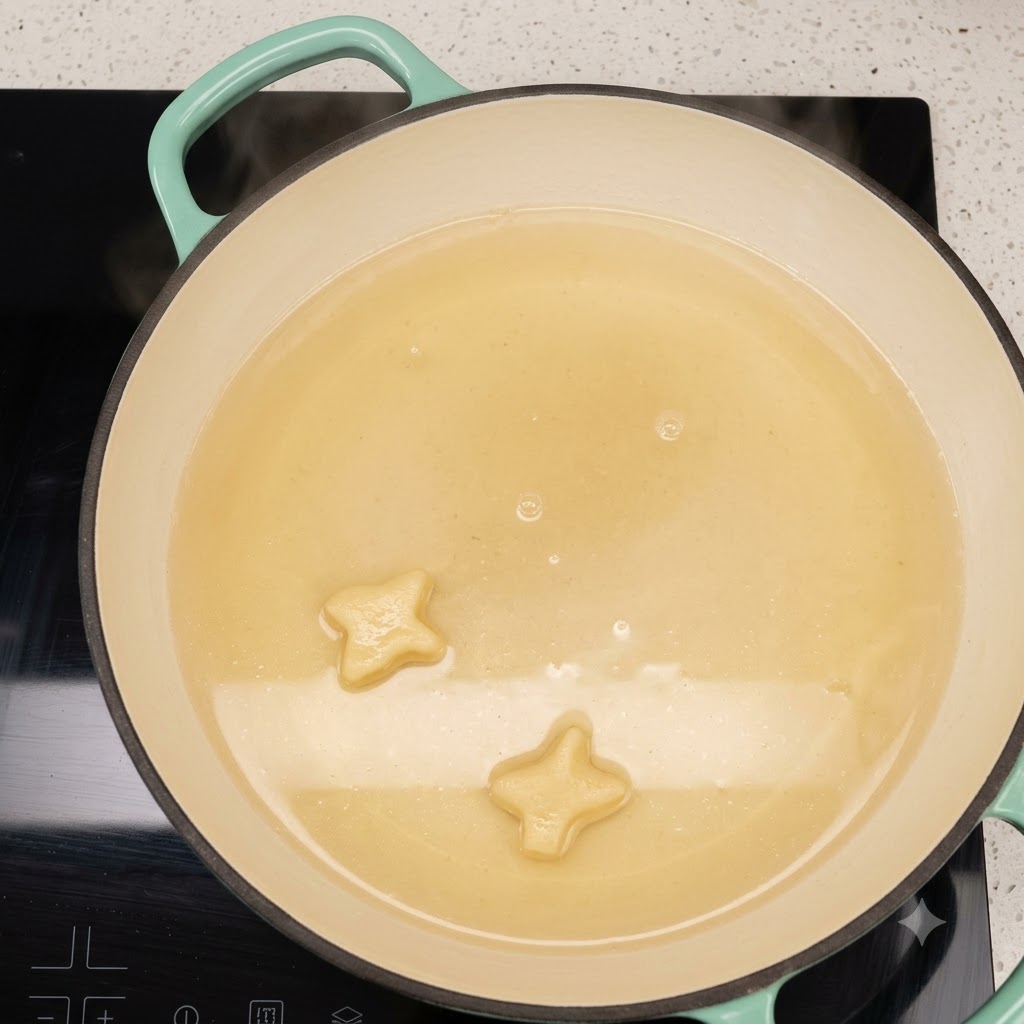 Olio da cucina che si scalda in una padella larga e bassa su un piano cottura con decorazioni a stella.