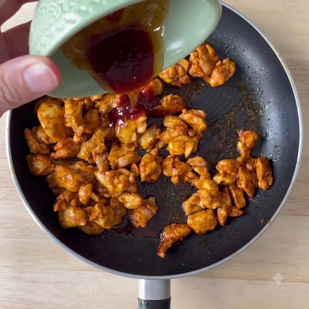 Salsa di soia chiara, salsa piccante e miele versati da una piccola ciotola verde in una padella di pollo saltato.