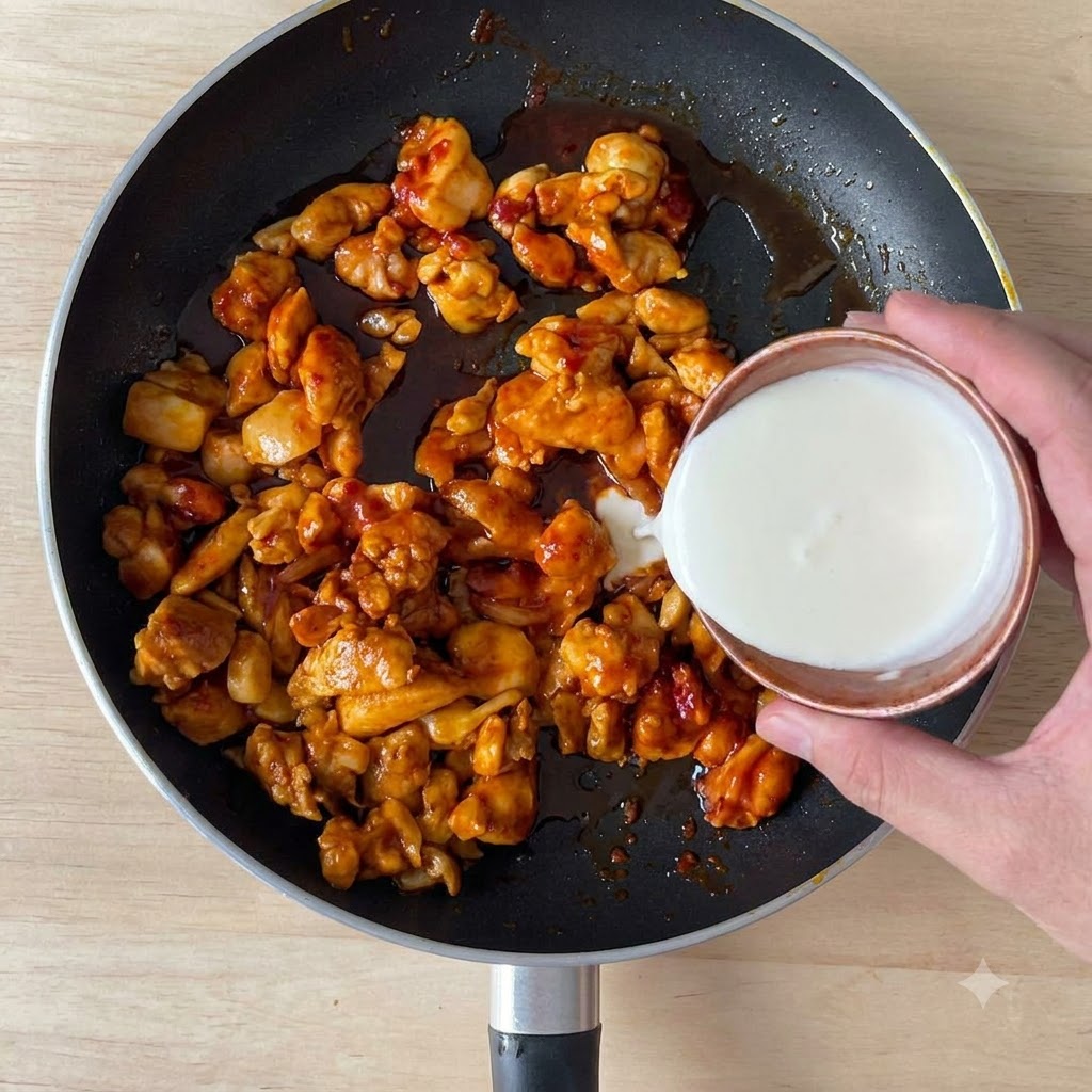 Panna fresca versata da un piccolo contenitore in una padella contenente pezzi di pollo conditi e salsa.