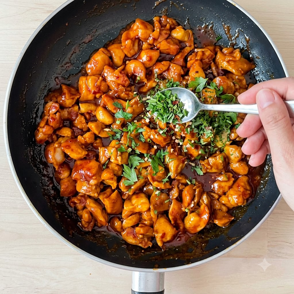 Erbe fresche tritate versate a cucchiaiate sulla padella di pollo in ebollizione.