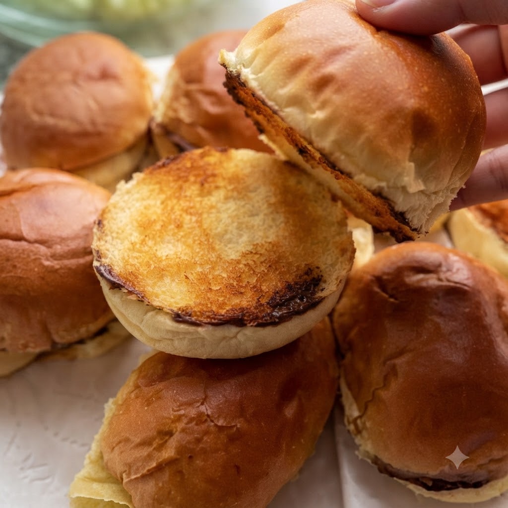 Metà di un panino tenute sopra una pila di panini tostati con superfici dorate e croccanti.