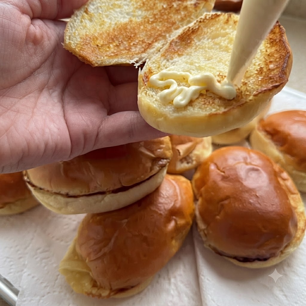 Maionese distribuita con un motivo a zigzag sullinterno tostato di un panino.