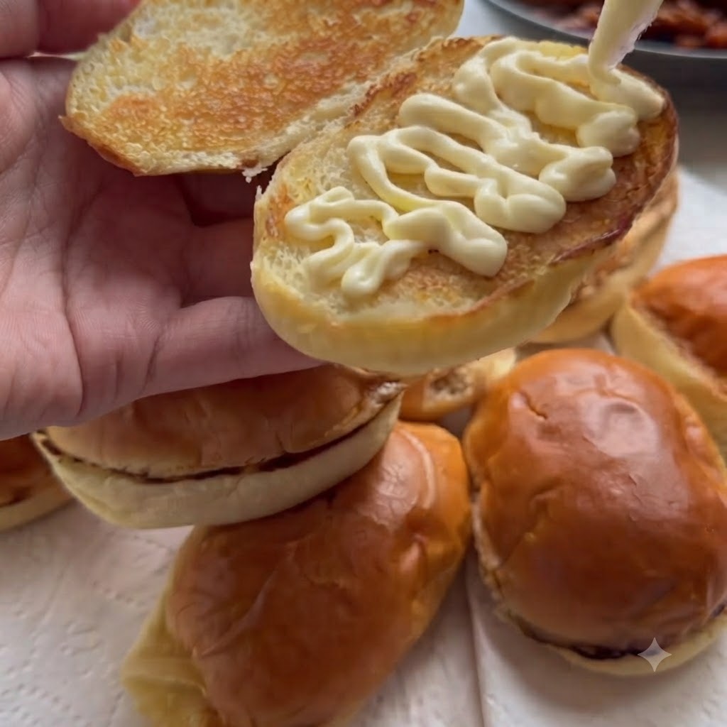 Pezzi di pollo al miele cotto e salsa densa distribuiti a cucchiaiate sullo strato di maionese nel panino.