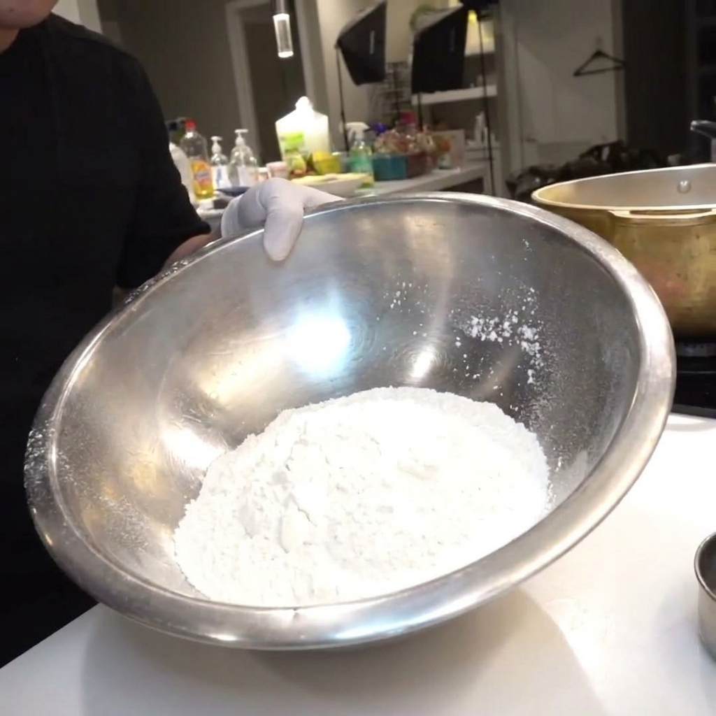 Sale aromatizzato versato in una ciotola capiente piena di farina bianca su un bancone da cucina.