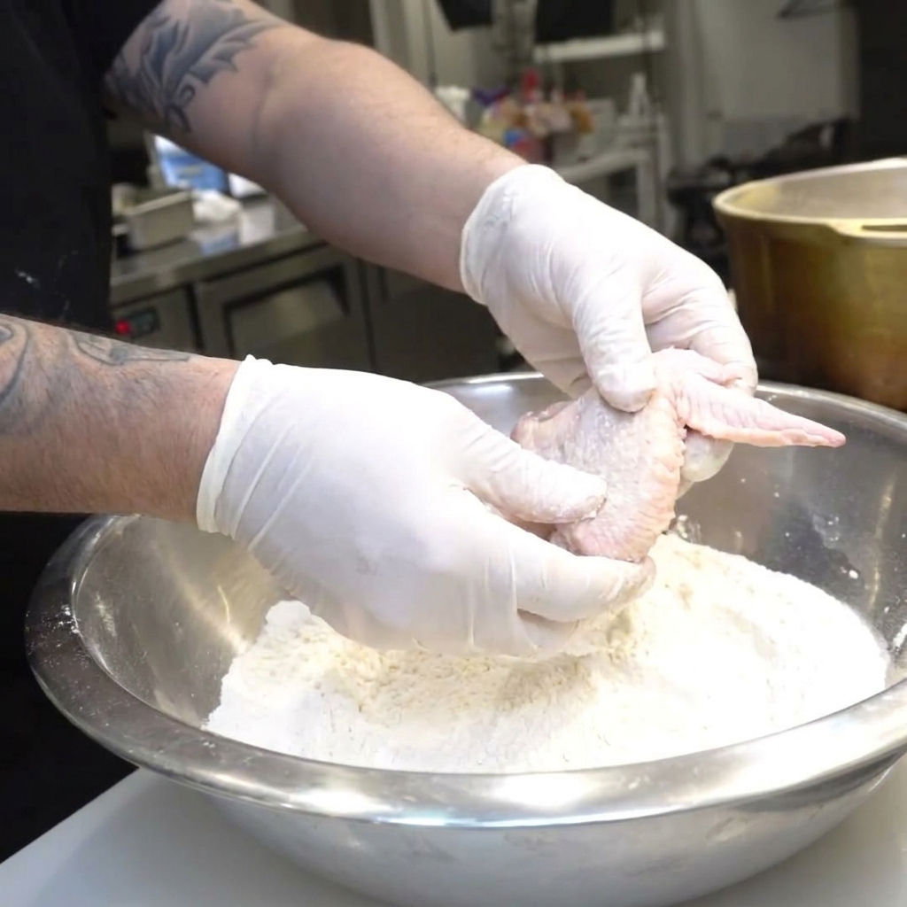 Un paio di mani guantate che tengono unala di pollo mentre la passano nella farina dentro una ciotola.