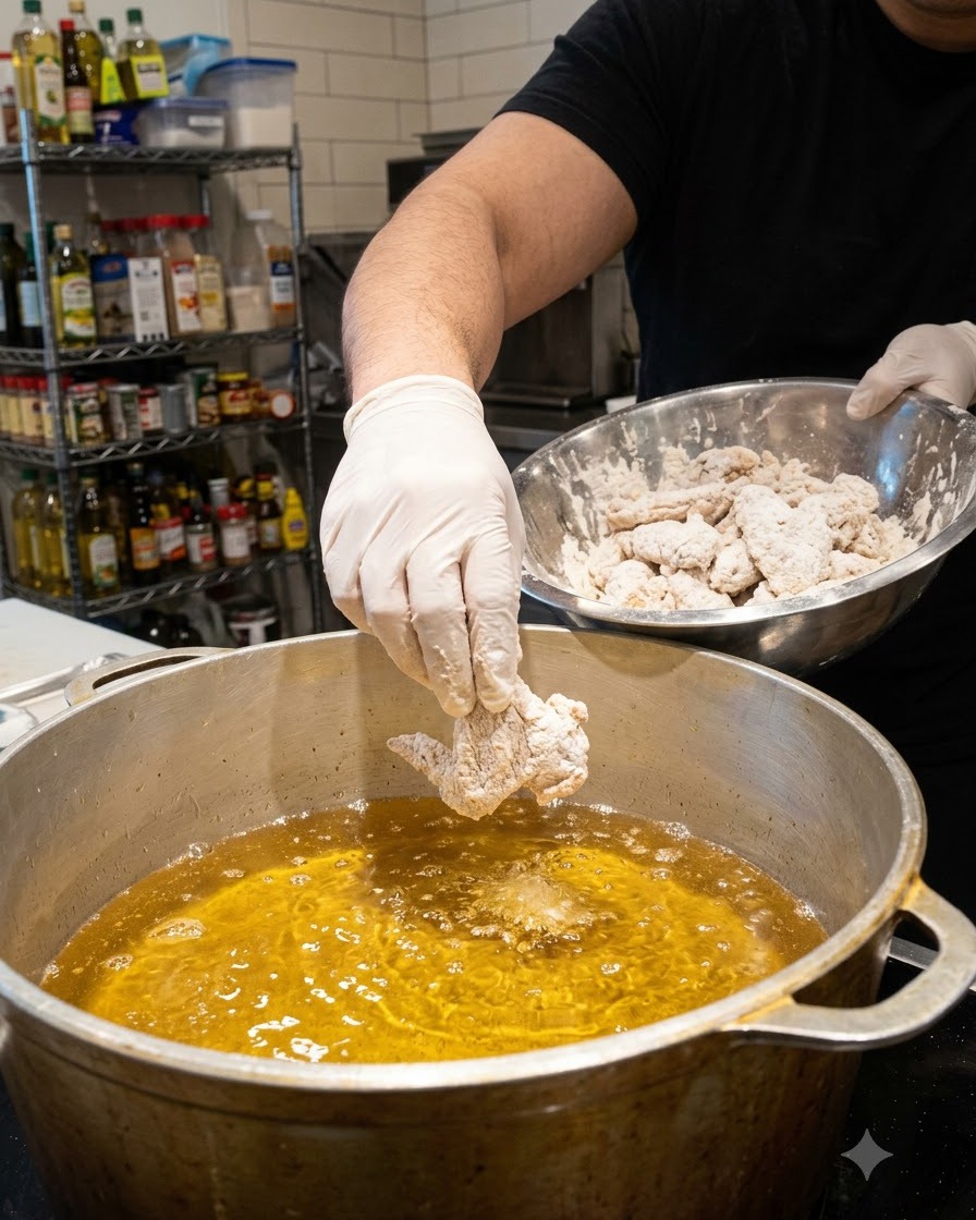 Unala di pollo infarinata immersa delicatamente in una grande pentola di olio bollente per frittura.