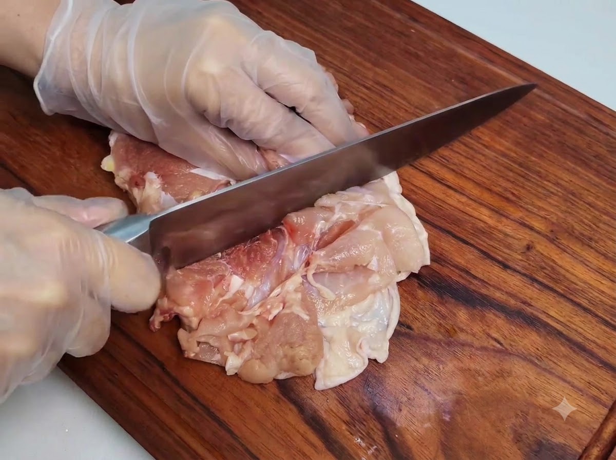Una mano con i guanti usa un coltello affilato per incidere la carne di una coscia di pollo disossata su un tagliere di legno.