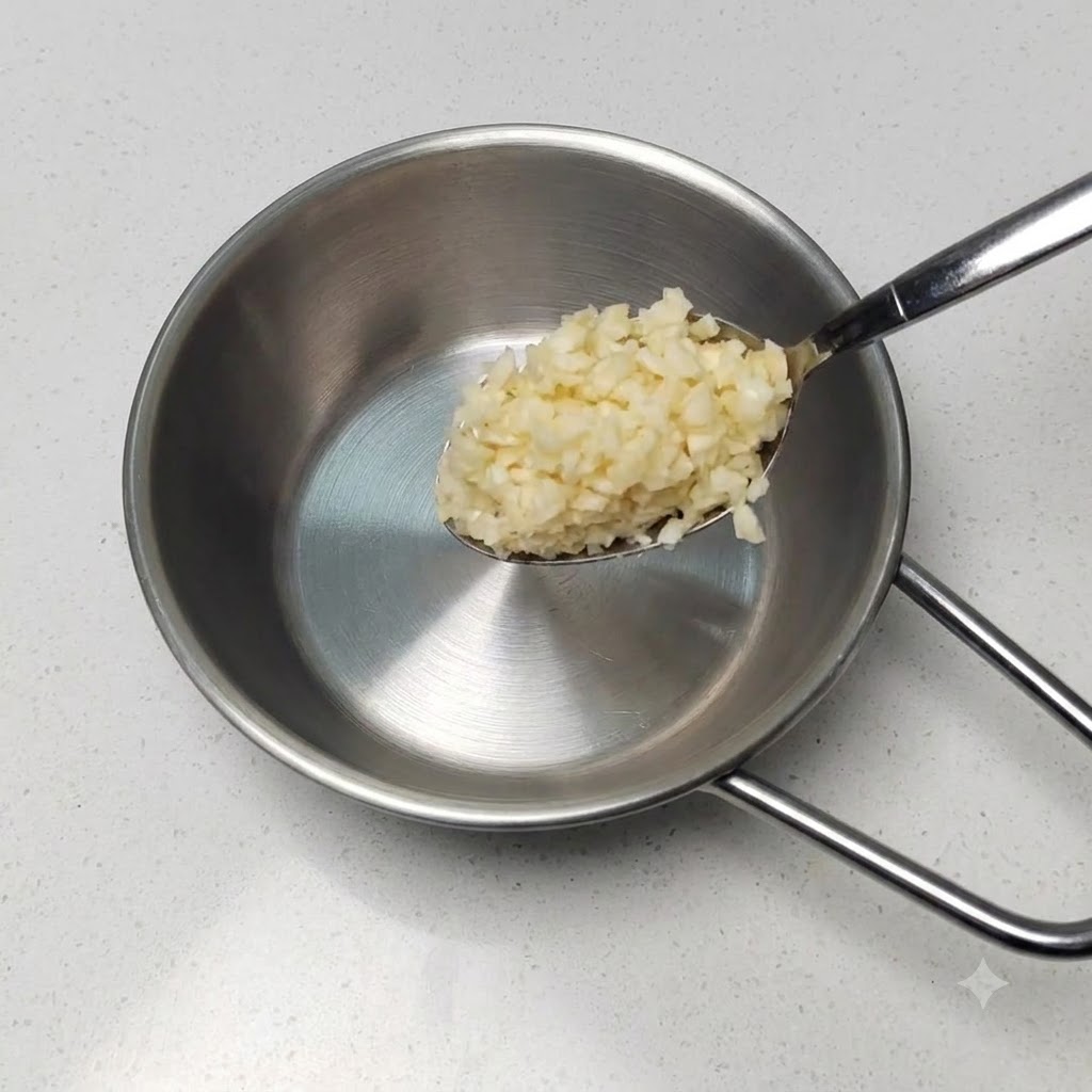 Un cucchiaio di metallo che contiene un mucchietto di aglio tritato fresco sopra una piccola pentola vuota in acciaio inossidabile.