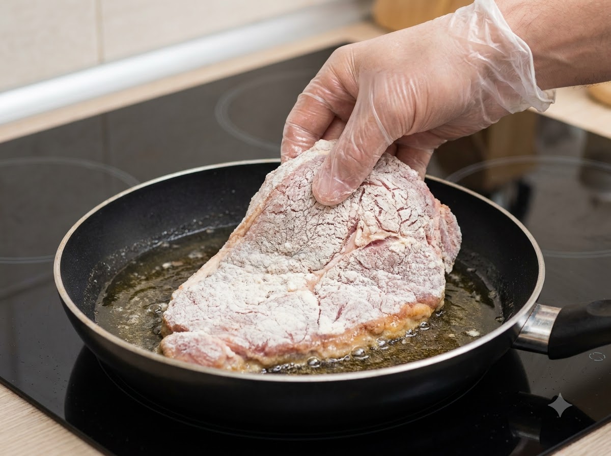 Una mano che usa le pinze per mettere un pezzo di pollo ricoperto di amido in una padella piena di olio caldo.