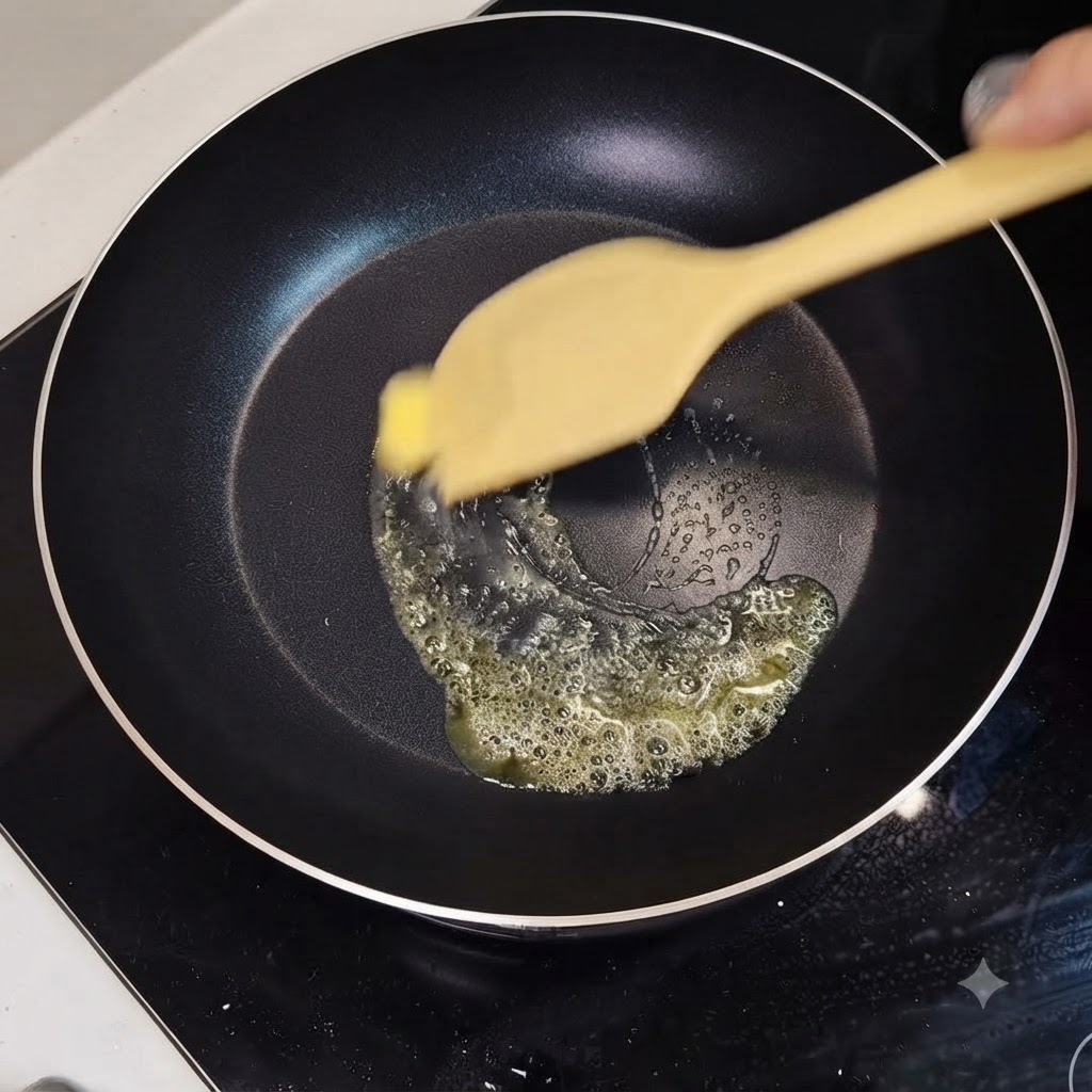 Una spatola di legno che mescola burro fuso e olio in una padella per preparare la salsa.