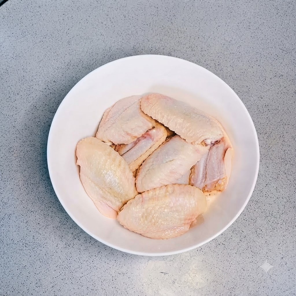 Ali di pollo fresche disposte ordinatamente allinterno di una ciotola di ceramica bianca.