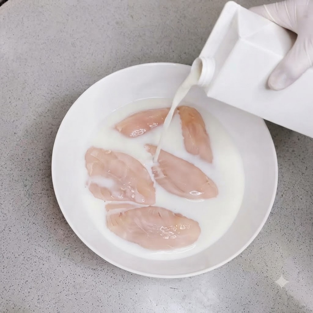 Latte bianco versato da un cartone in una ciotola riempita di ali di pollo.