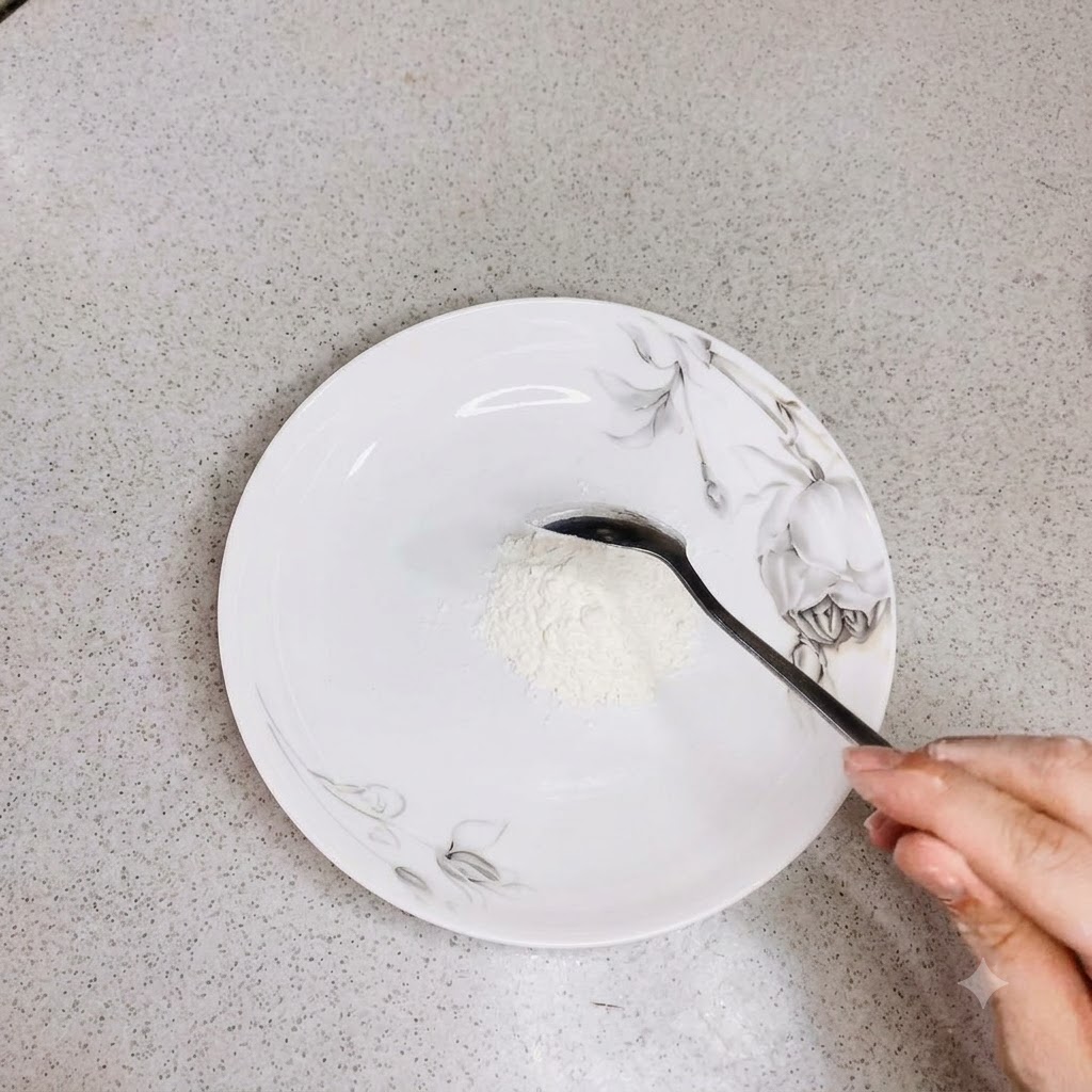 Farina versata su un piatto decorativo bianco con un cucchiaio.