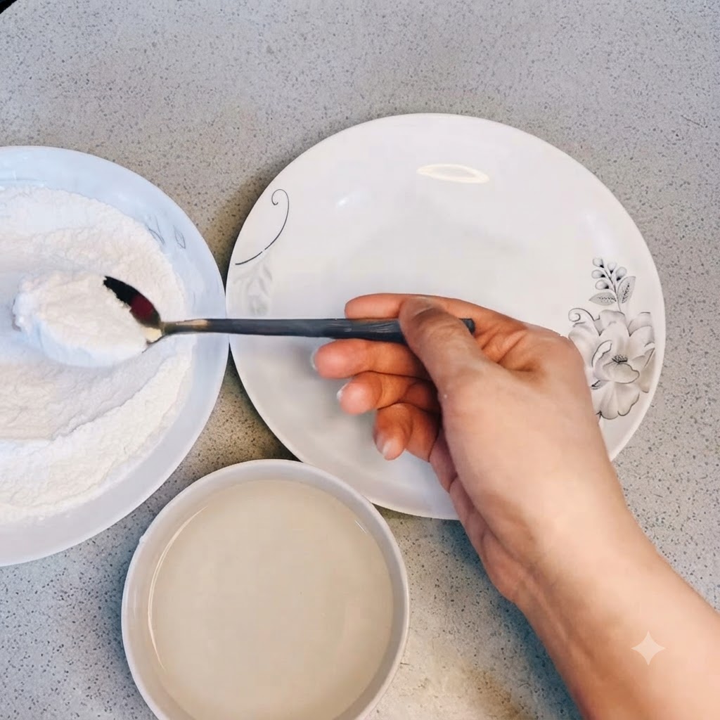 Polvere per friggere trasferita con un cucchiaio per preparare la miscela della pastella.