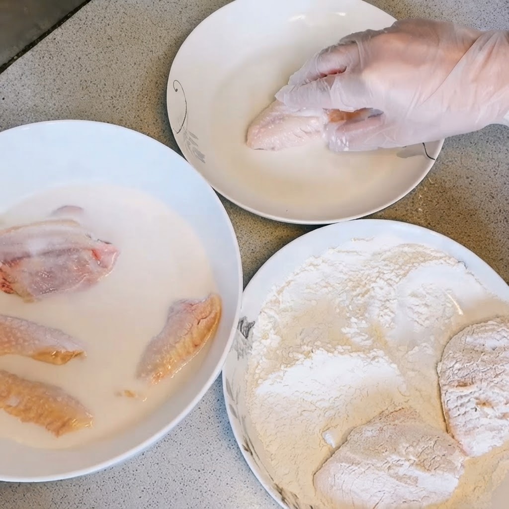 Una mano con i guanti che ricopre unala di pollo marinata nella polvere secca per friggere vicino a ciotole di pastella e latte.