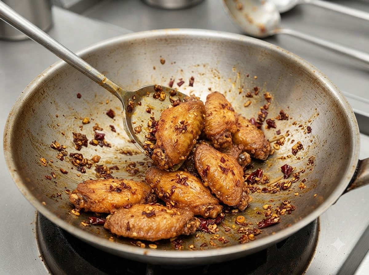 Ali di pollo croccanti mescolate accuratamente e ricoperte da una ricca glassa scura allinterno di un wok.