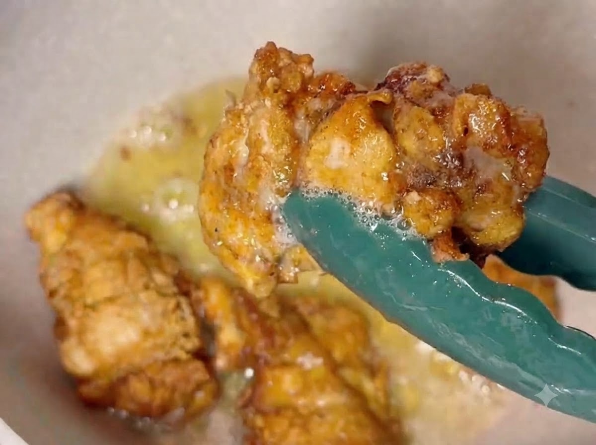 Cosce di pollo fritte girate con le pinze in una padella di olio caldo fino a doratura.