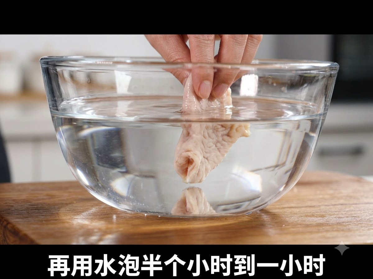 Pezzi di pollo disossato in ammollo in una ciotola di vetro piena dacqua su una superficie di legno.