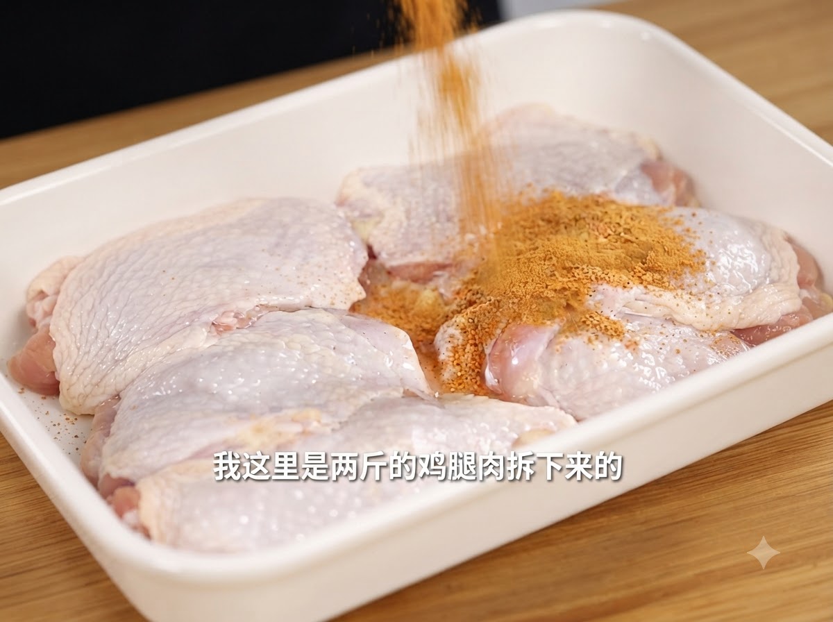 Polvere per marinatura piccante cosparsa su pezzi di pollo disossati crudi disposti in un vassoio bianco.
