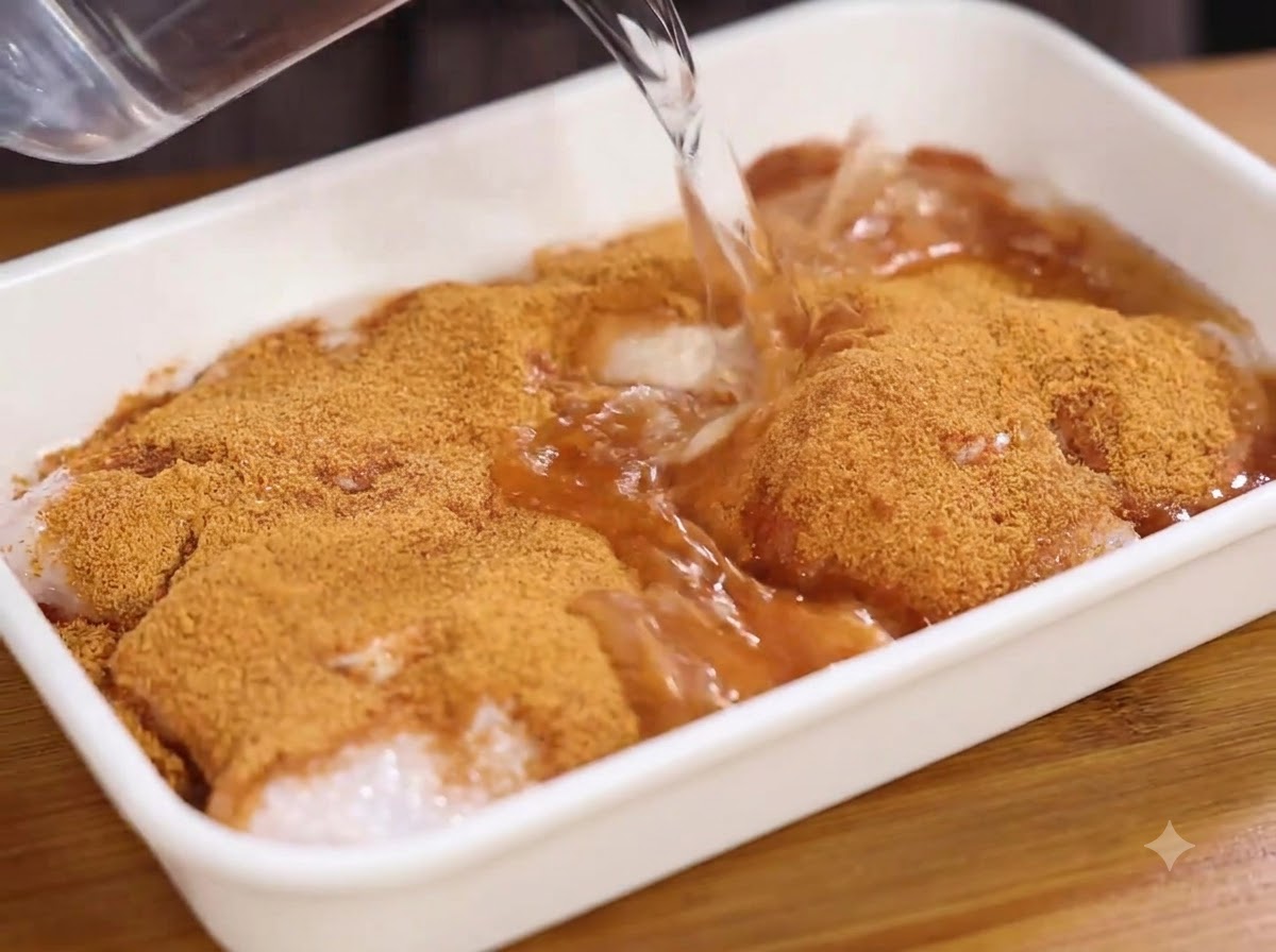 Acqua versata da un contenitore in un vassoio bianco contenente carne di pollo condita.