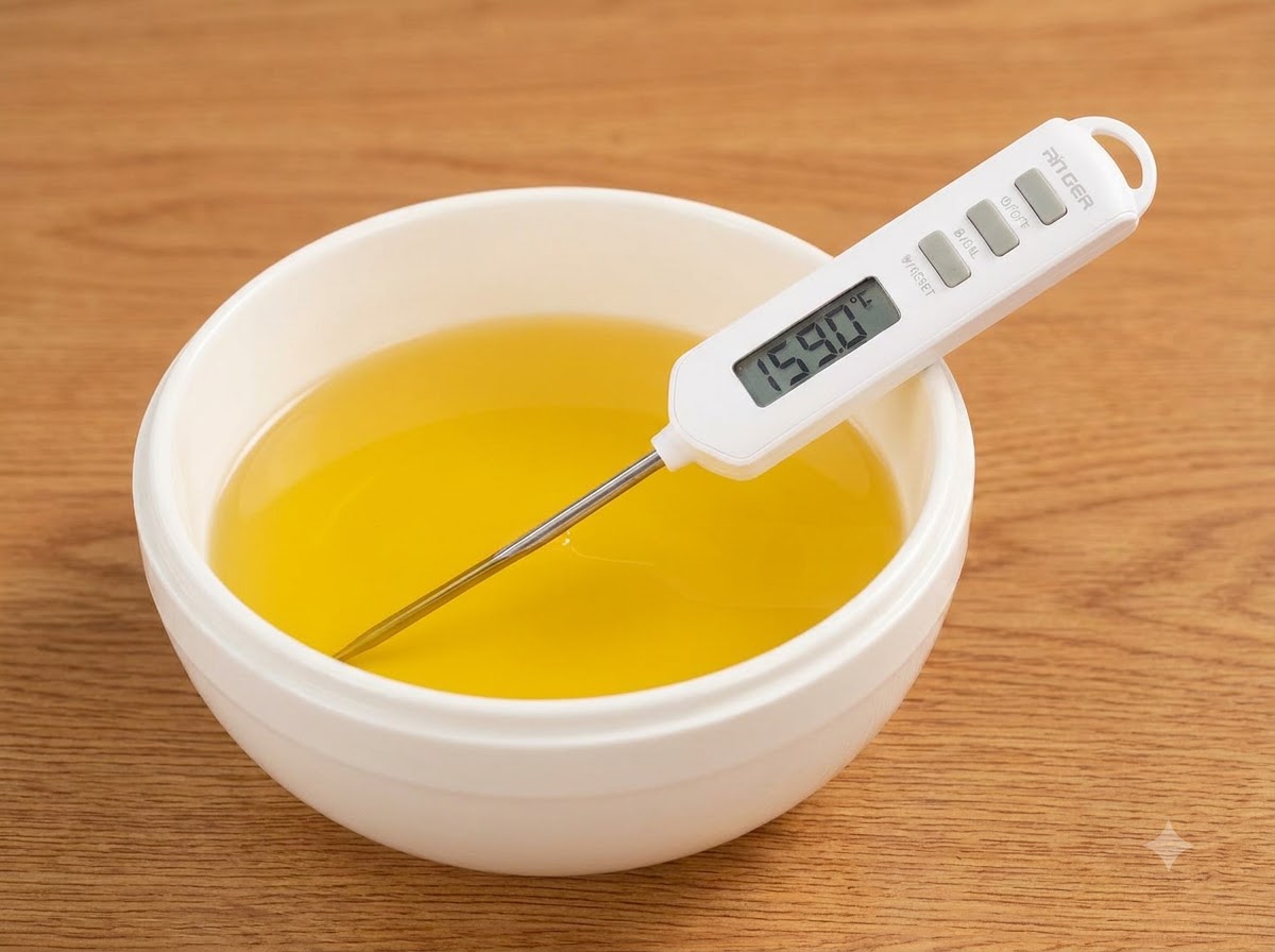 Un termometro digitale che misura la temperatura dellolio da cucina giallo allinterno di una ciotola o pentola bianca.