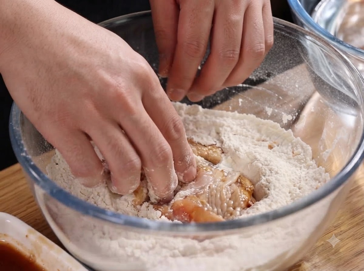 Pezzi di pollo marinati accuratamente coperti con farina da frittura secca allinterno di una ciotola di vetro.