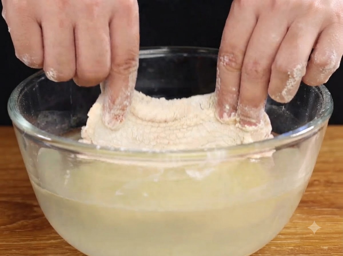 Mani che immergono un pezzo di pollo infarinato in una ciotola dacqua.