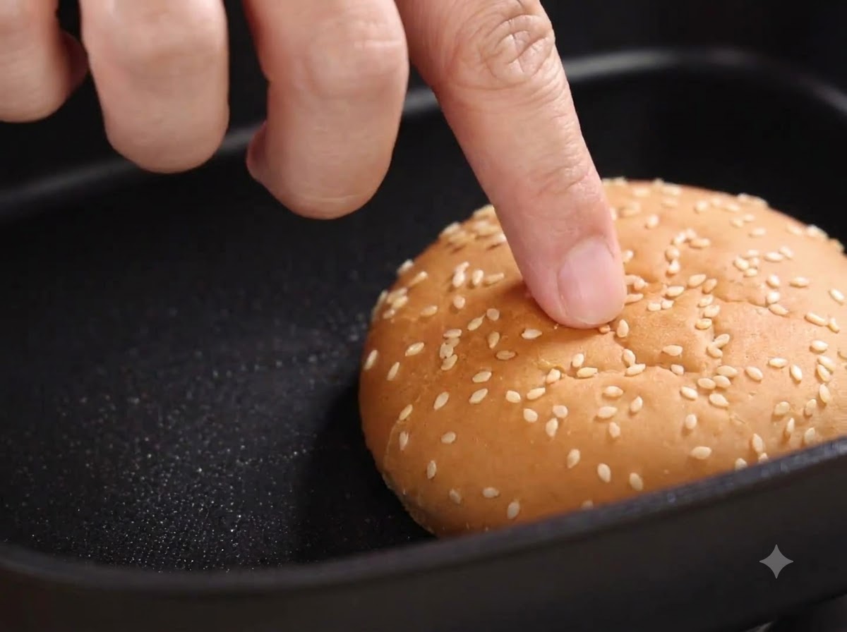 Un pezzo di pollo con scaglie calato nellolio da cucina caldo.