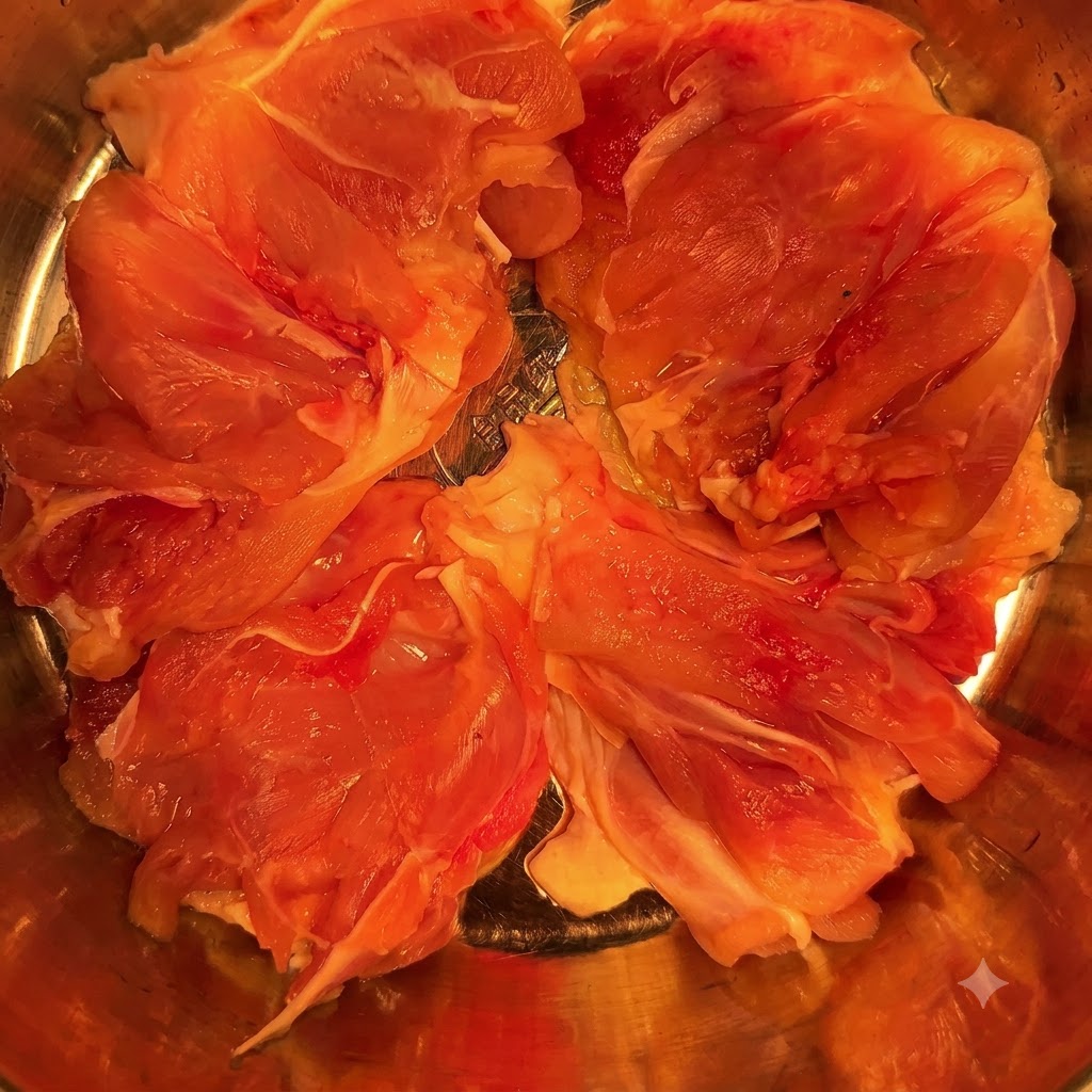 Pezzi di coscia di pollo cruda e disossata in una ciotola di acciaio inossidabile.