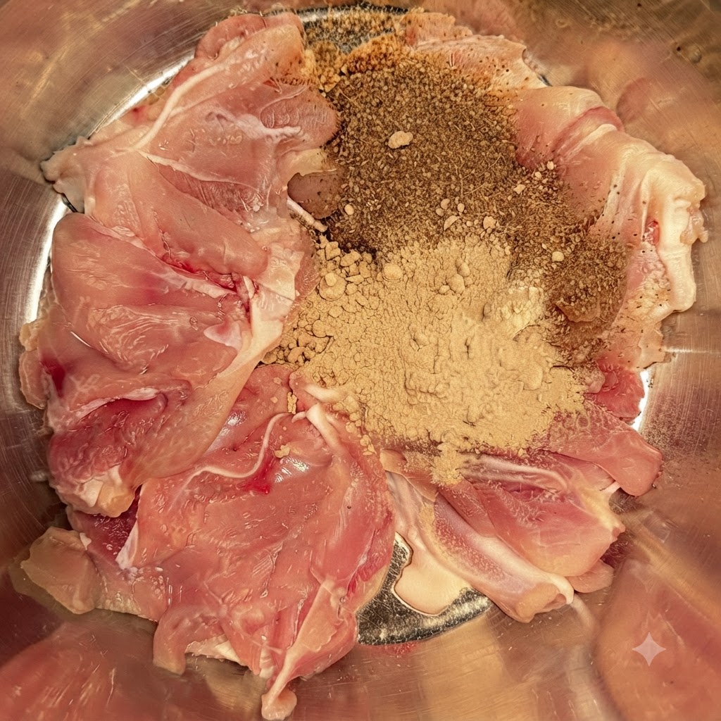 Pollo crudo in una ciotola ricoperto da generose quantità di pepe di Sichuan in polvere, aglio in polvere e peperoncino.