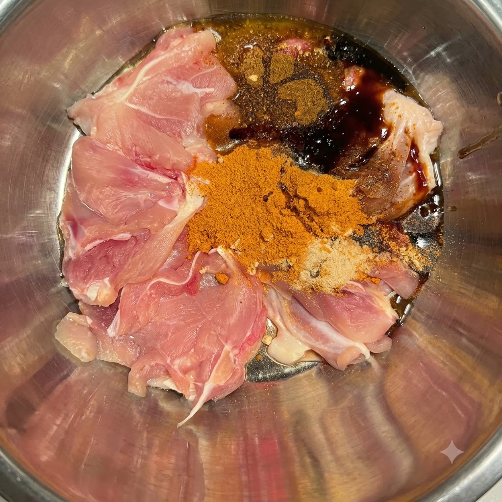 Pollo crudo e spezie secche in una ciotola di metallo su cui vengono versate salsa di soia, salsa di ostriche e olio al pepe.