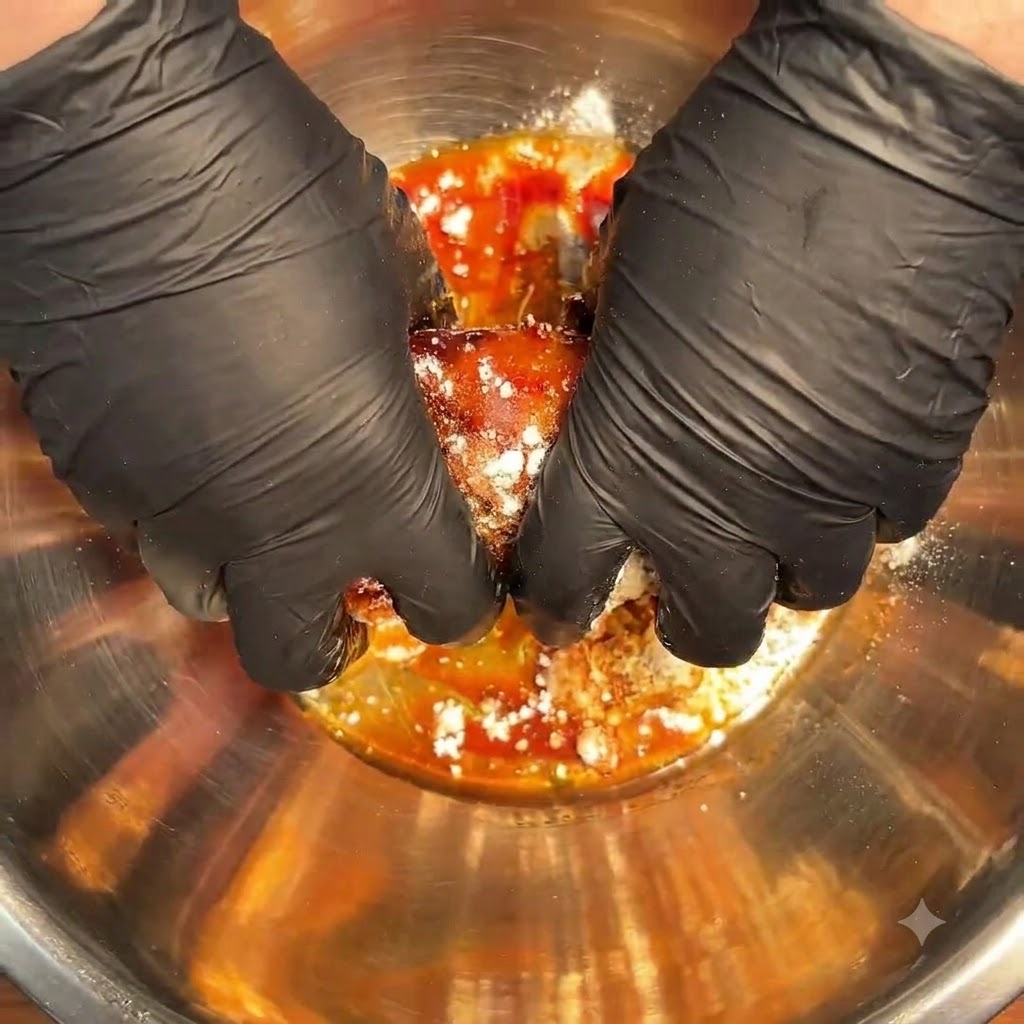 Mani con guanti che massaggiano accuratamente la marinatura scura e le spezie sui pezzi di pollo crudo in una ciotola di metallo.