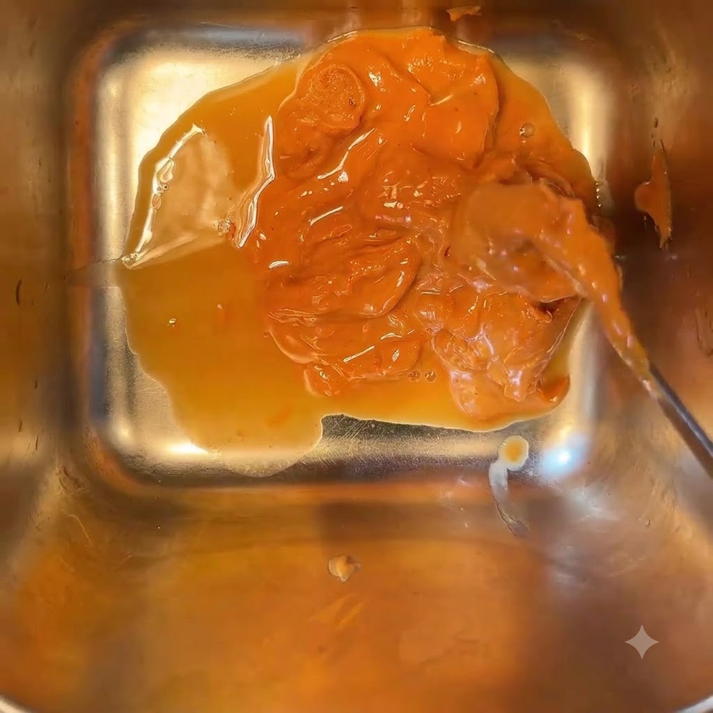 Burro di arachidi denso mescolato con aceto, miele e acqua in un contenitore metallico quadrato, mescolato con un cucchiaio.