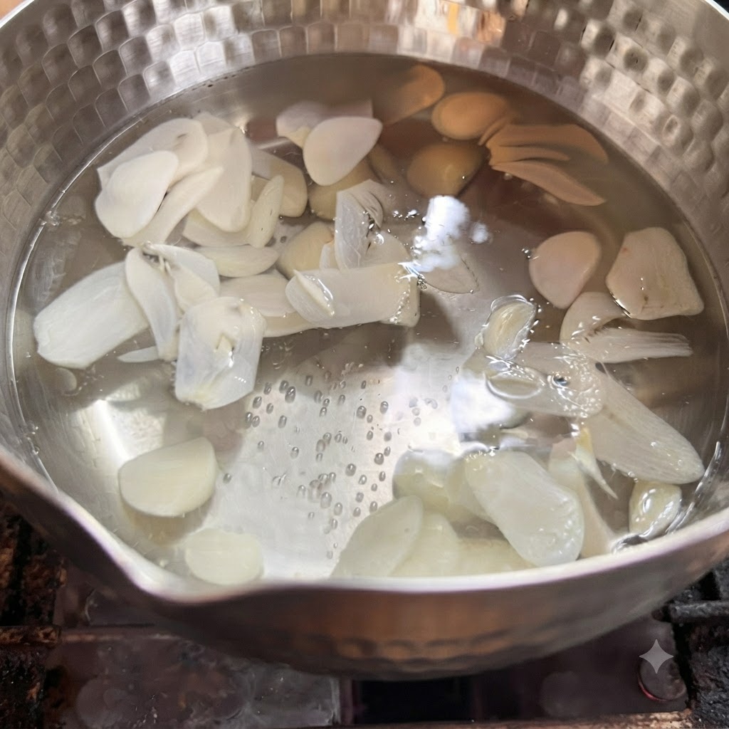 Spicchi daglio affettati sottilmente che bollono in una pentola di acqua calda.