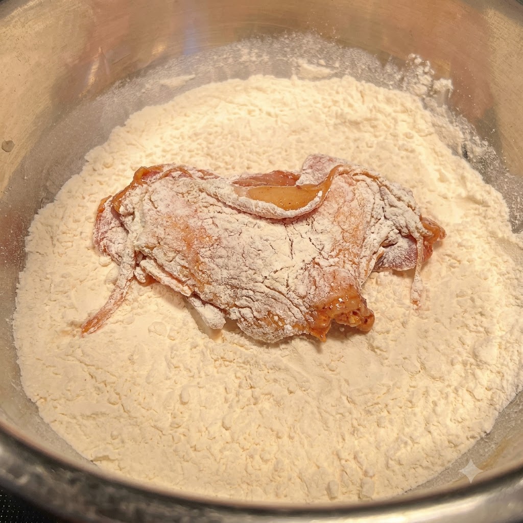 Pezzo di pollo marinato in una ciotola di farina secca, ricoperto uniformemente.