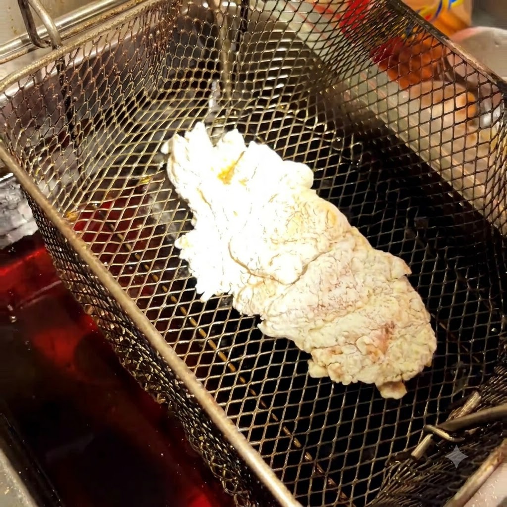 Pezzo di pollo impanato allinterno di un cestello per friggere sullolio bollente.