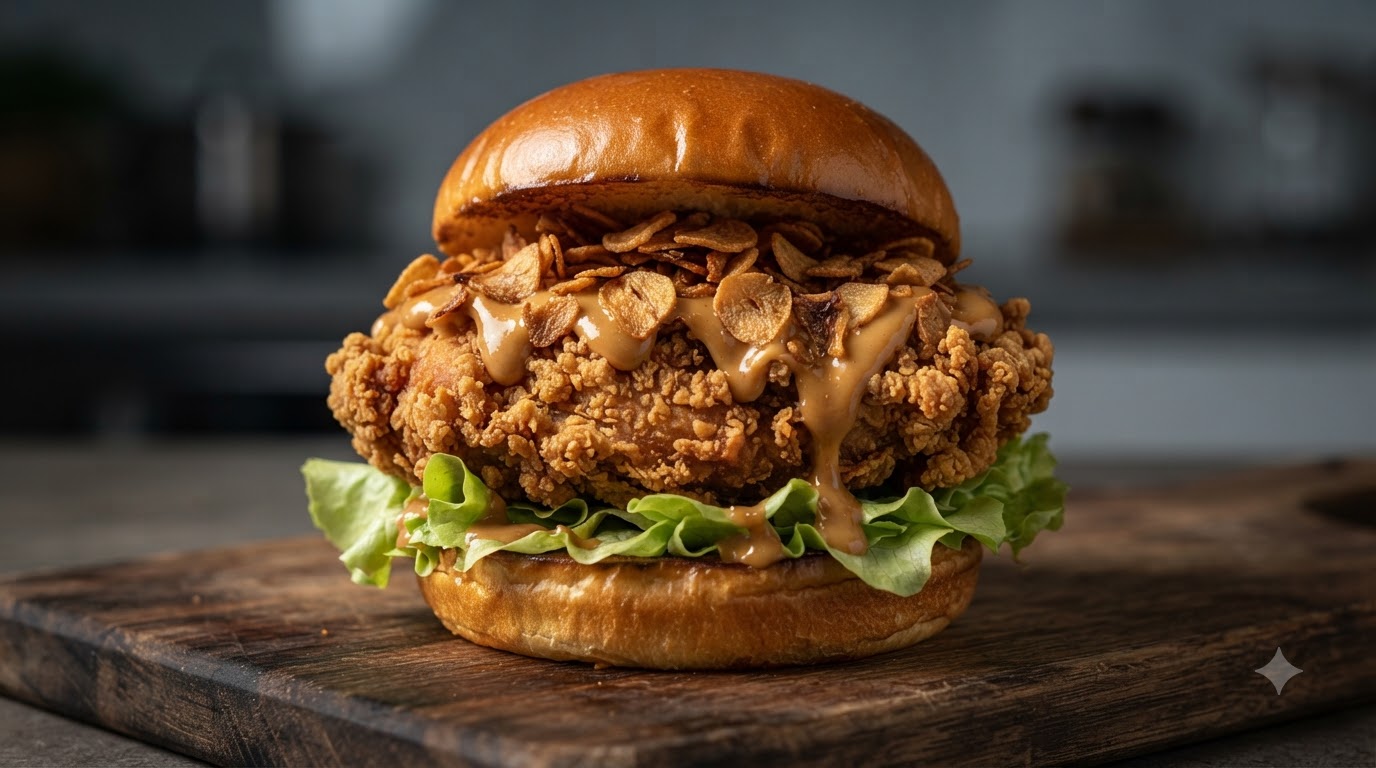 Hamburger di Pollo Fritto Mala con Aglio e Burro di Arachidi
