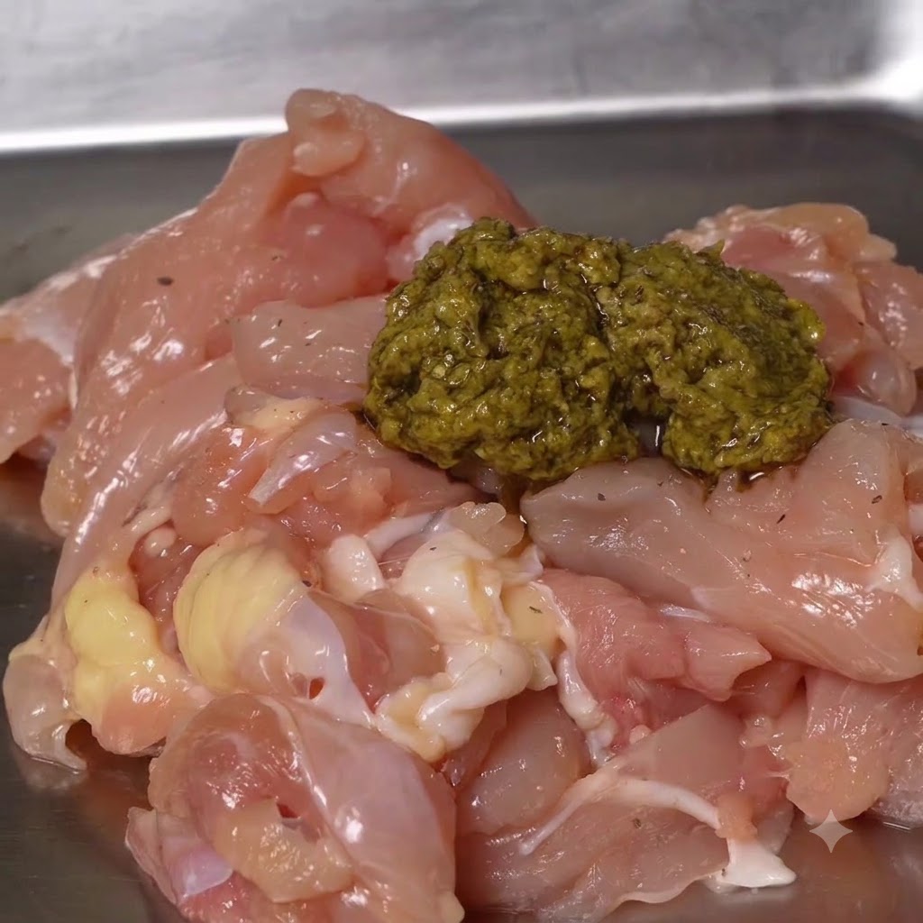 Pezzi di pollo crudo tagliati in una teglia di metallo sormontati da una cucchiaiata di pesto verde.