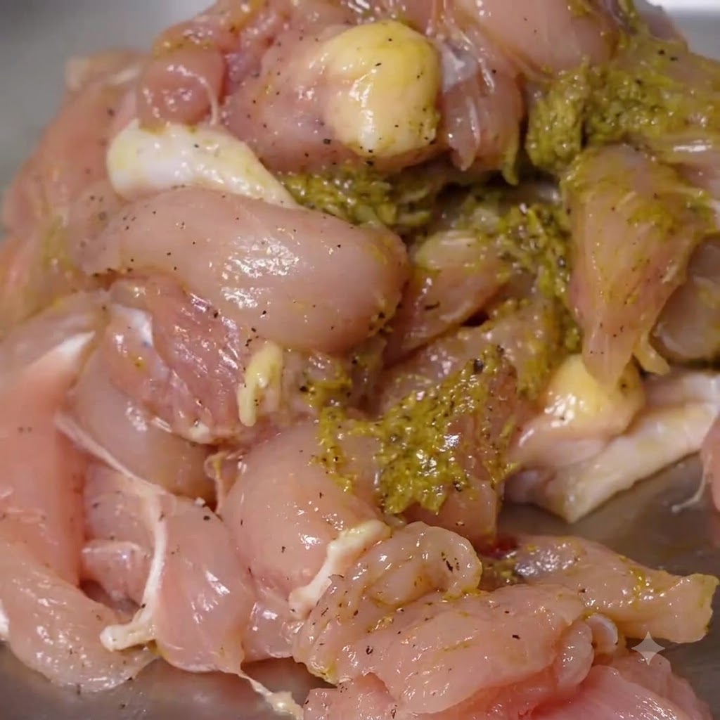 Primo piano di pezzi di pollo crudo uniformemente ricoperti di marinatura al pesto verde in una teglia di metallo.