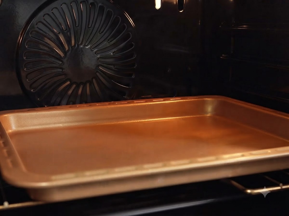 Una teglia di rame posizionata allinterno di un forno caldo durante il processo di cottura.