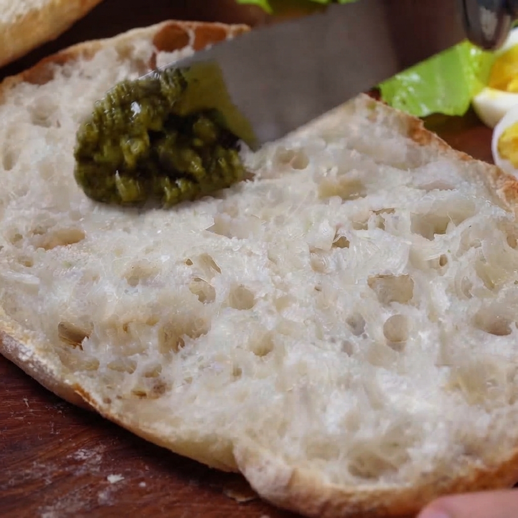 Un coltello che spalma del vivace pesto verde su una fetta aperta di pane ciabatta.